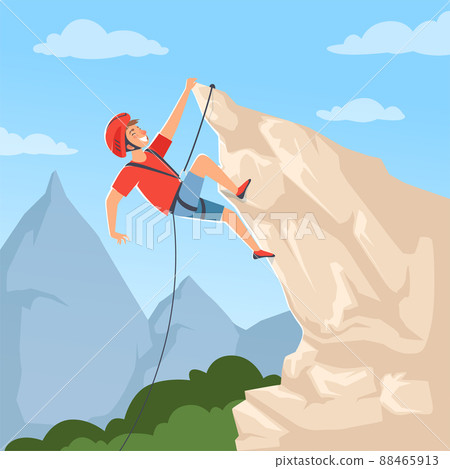 Mountain climber on hills. Poster with male mountaineering explore snow rocky mountain hights achieve extreme adventure placard Mountain climber on hills. Poster with male mountaineering explore snow rocky mountain hights achieve extreme adventure placard 88465913