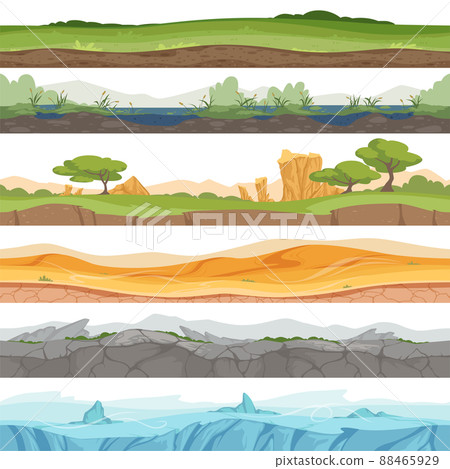 Parallax seamless ground. Game landscape ice grass water desert dirt rock cartoon background Parallax seamless ground. Game landscape ice grass water desert dirt rock cartoon background 88465929