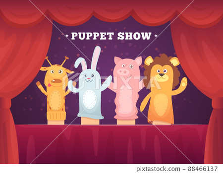 Puppet show. Red curtains theatre performance for kids stage with socks toys for hands cartoon background Puppet show. Red curtains theatre performance for kids stage with socks toys for hands cartoon background 88466137