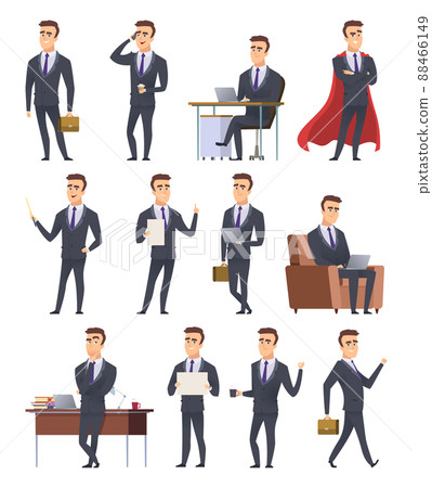 Poses business characters. Professionals male managers working sitting holding business items peoples action pose pictures 88466149