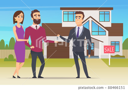 Real estate concept. Family couple buying new house or big appartment sales manager hands over the keys characters Real estate concept. Family couple buying new house or big appartment sales manager hands over the keys characters 88466151