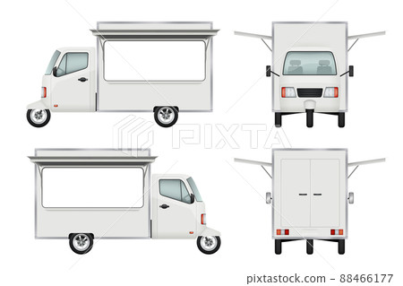 Food truck realistic. Fast food delivery motorbike transport open truck window catering service 3d illustrations 88466177