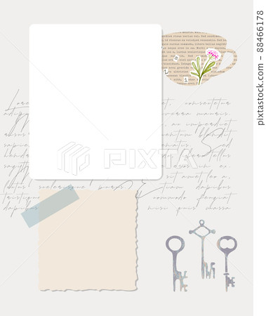 Collage to do list reminder notes planner, newspaper , text and key, old paper, stamp key. Vintage craft. 88466178