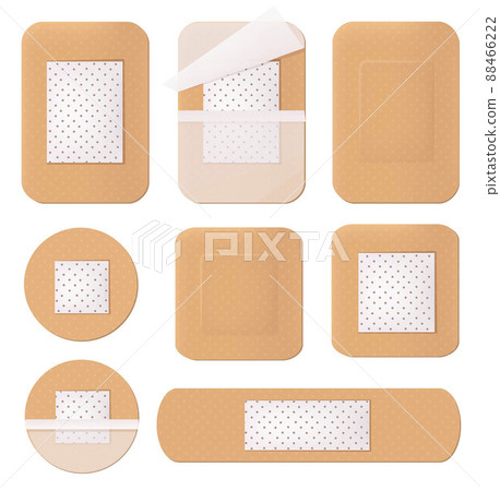 Medical plaster. Helthcare bandage tape path plastering various shapes and forms picture isolated Medical plaster. Helthcare bandage tape path plastering various shapes and forms picture isolated 88466222