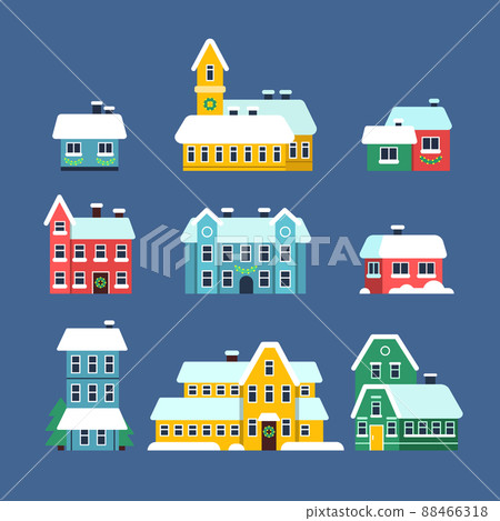 Snow roof houses. Cold season urban snowy city snowstorm with snowflakes flat illustrations 88466318
