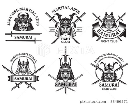 Martial asian labels. Samurai agressive warrior masks and sword katana labels logo or tattoo designs 88466371