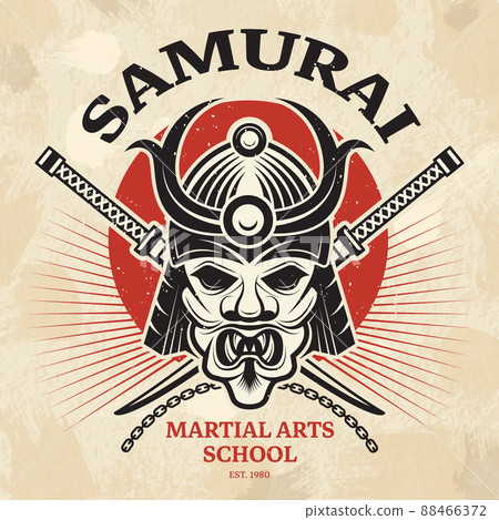 Japanese martial poster. Agressive asian warrior mask for armor helmet cordage katana sword placard design 88466372