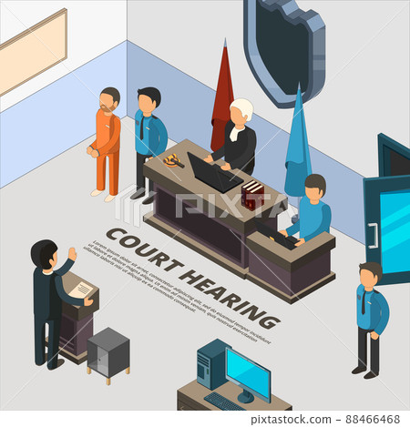 Court session banners. Law process in judicial defendant police and crime interrogation isometric symbols illustrations 88466468