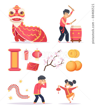 Chinese new year. Dragon firecrackers paper lantern and happy kids characters celebrate 2019 pictures 88466521