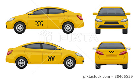 Taxi realistic. Yellow city car vehicle branding taxicab top left and right side 3d pictures set isolated Taxi realistic. Yellow city car vehicle branding taxicab top left and right side 3d pictures set isolated 88466539