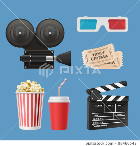 Cinema 3d icons. Movie camcorder clapperboards film tape and stereo glasses realistic objects isolated 88466542