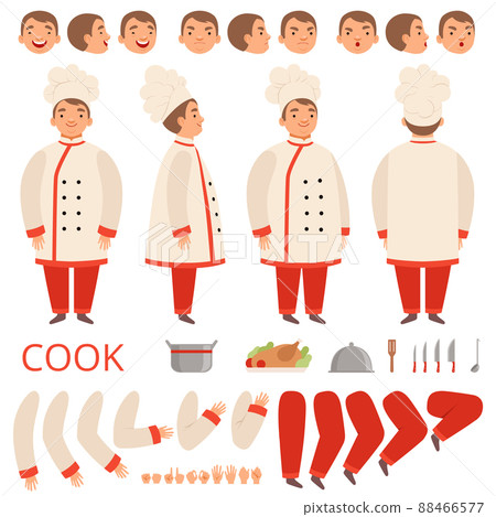 Cook animation. Chef characters body parts hands arms head and clothes with kitchen tools kit creation Cook animation. Chef characters body parts hands arms head and clothes with kitchen tools kit creation 88466577