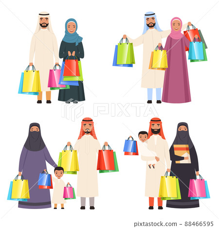 Arab family shopping. Muslim happy people male female and kids in market with bags cartoon characters isolated 88466595