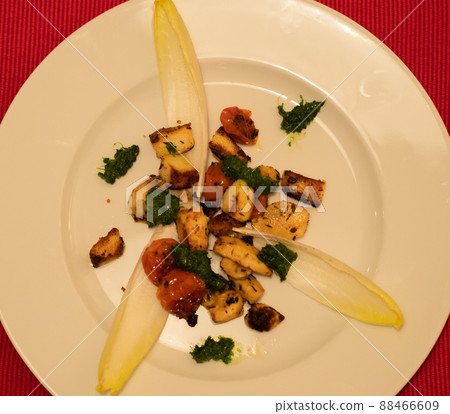 A vegetarian main course: Topinambur with grilled tomatoes, manouri cheese, and parsley oil, served on endive leafs. 88466609
