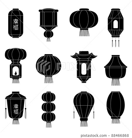 Chinese lantern silhouetes. Japanes asian paper lanterns at chinatown festival cartoon illustrations 88466868