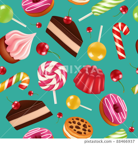 Sweets seamless pattern. Candy cupcake holiday lollipops and cream cake with cherry fruits colorful pattern Sweets seamless pattern. Candy cupcake holiday lollipops and cream cake with cherry fruits colorful pattern 88466937