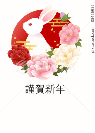 Vector illustration template for 2023 New Year's card of peony and rabbit Vector illustration template for 2023 New Year's card of peony and rabbit 88466952