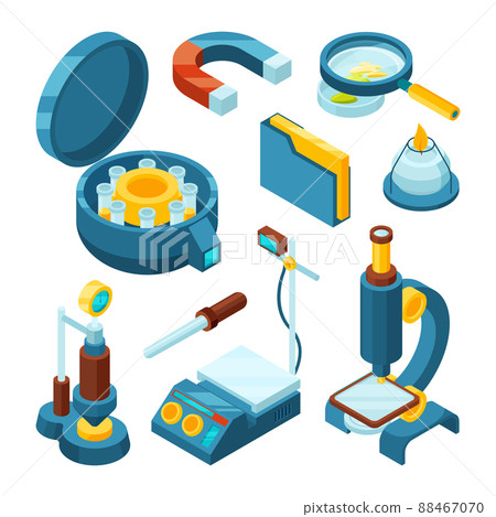 Science chemical isometric. Pharmaceutical engineering biology modern industry microscope oscilloscope 3d tools 88467070