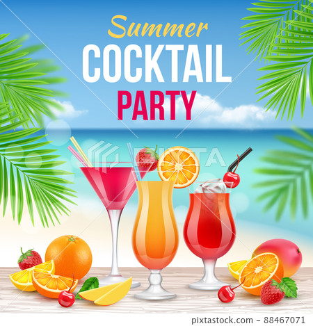 Cocktail party poster. Invitation to drinking alcohol summer party martini whiskey margarita realistic placard 88467071