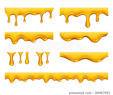 Dripping honey. Golden yellow realistic syrup or juice dripping liquid oil splashes template 88467091
