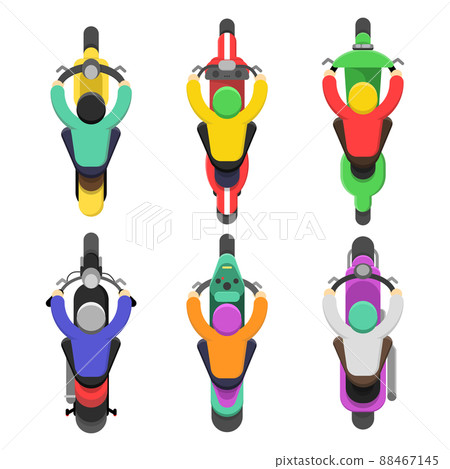 Motorcycle top view. Topping of motor bicycle with drivers traffic flat illustrations Motorcycle top view. Topping of motor bicycle with drivers traffic flat illustrations 88467145