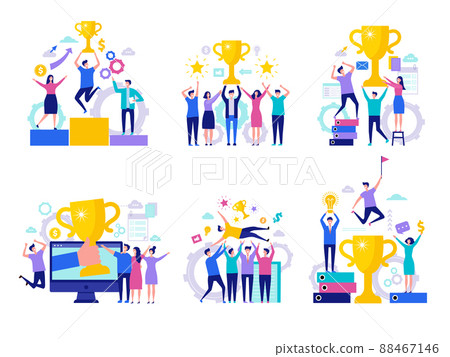Business victory concept. Successful happy finance managers director winning rewards team with cups characters 88467146