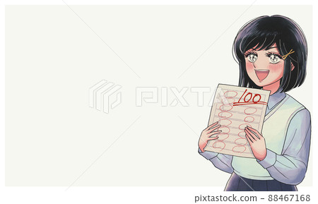 Showa girl cartoon style banner advertisement ・ Female student who got 100 points 88467168
