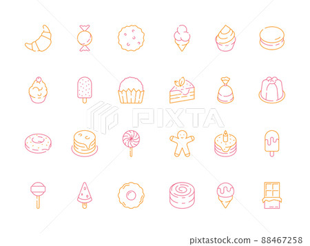 Colored dessert icons. Birthday sweets cakes candy tiramisu delicious food jelly ice cream symbols 88467258