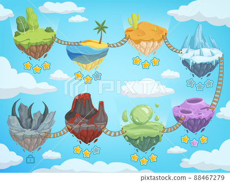 Game level map. Mobile ui stages with various isometric islands with rock grass ice water and volcano template 88467279