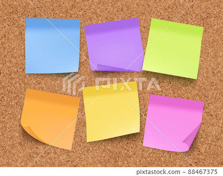 Sticky empty notes. Corkwood board on wall with memo colored papers with pin and clips realistic template 88467375