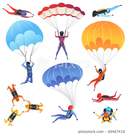 Extreme parachute sport. Adrenaline characters jumping paragliding and skydiving fly aerodynamics picture isolated Extreme parachute sport. Adrenaline characters jumping paragliding and skydiving fly aerodynamics picture isolated 88467418