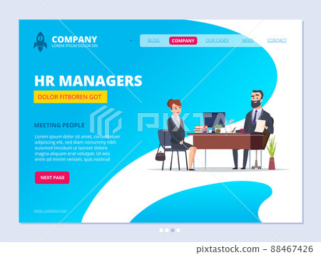 Interview landing. Hr manager director male dialogue with female worker business website layout design template Interview landing. Hr manager director male dialogue with female worker business website layout design template 88467426