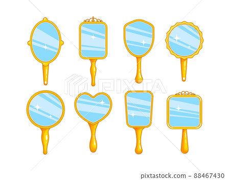 Princess hand mirror.Set of shiny gold mirrors for girl.Cartoon style Princess hand mirror.Set of shiny gold mirrors for girl.Cartoon style 88467430