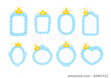 Blue baby prince frames.Set of blue frames with gold crown.Cartoon style Blue baby prince frames.Set of blue frames with gold crown.Cartoon style 88467431