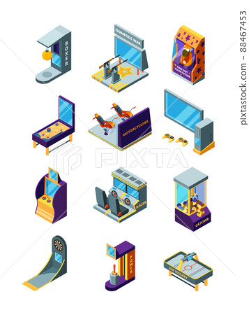 Game machines. Race simulator darts arcade funny games for kids pinball amusement park isometric machines Game machines. Race simulator darts arcade funny games for kids pinball amusement park isometric machines 88467453