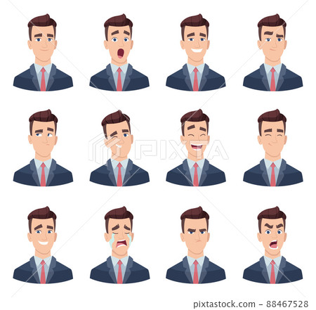 Businessman emotions. Male characters with various face emotions sadness joy hate laughter anger smile fear pictures 88467528