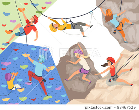 Climb characters. Extreme sport cliff wall rocks and stones big rocky hills and mountains explore sportsmen male and female 88467529