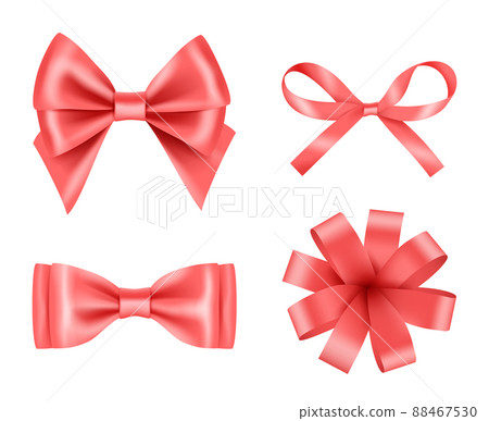Bow realistic. Holiday decoration colored bow with satin ribbons 3d pictures set 88467530