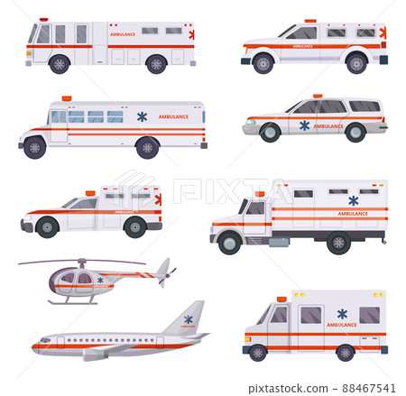 Ambulance cars. Health rescue service vehicle van helicopter paramedic emergency hospital urgent auto 911 cartoon pictures 88467541
