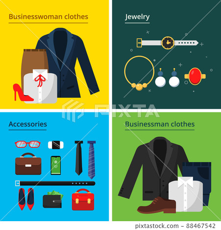 Business clothes. Male and female office wardrobe business style skirt suit jacket hat bag and self items concept illustration 88467542