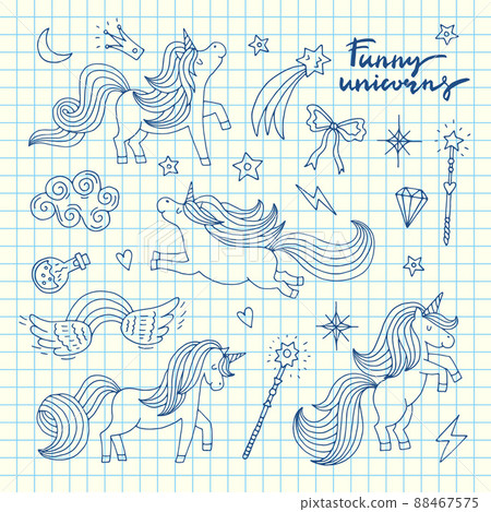 cute hand drawn magic unicorns and stars set on blue cell sheet background illustration cute hand drawn magic unicorns and stars set on blue cell sheet background illustration 88467575