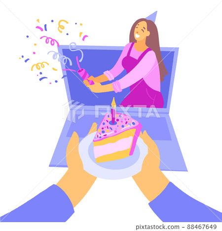 Friends celebrating birthday congratulations on the screen of the laptop. 88467649