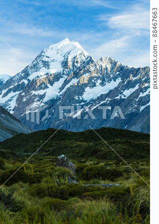 Mount Aoraki seen from the Hooker Valley Track in Aoraki Mount Cook National Park, New Zealand Mount Aoraki seen from the Hooker Valley Track in Aoraki Mount Cook National Park, New Zealand 88467663