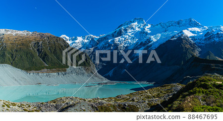 Lake Muller seen from the Hooker Valley Track in Aoraki Mount Cook National Park, New Zealand Lake Muller seen from the Hooker Valley Track in Aoraki Mount Cook National Park, New Zealand 88467695