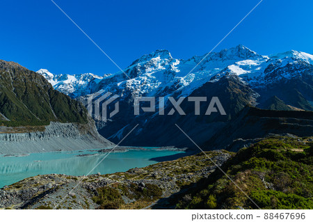 Lake Muller seen from the Hooker Valley Track in Aoraki Mount Cook National Park, New Zealand Lake Muller seen from the Hooker Valley Track in Aoraki Mount Cook National Park, New Zealand 88467696