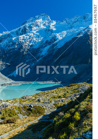 Lake Muller seen from the Hooker Valley Track in Aoraki Mount Cook National Park, New Zealand Lake Muller seen from the Hooker Valley Track in Aoraki Mount Cook National Park, New Zealand 88467697
