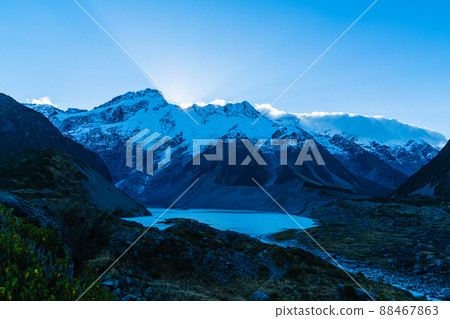 Lake Muller seen from the Hooker Valley Track in Aoraki Mount Cook National Park, New Zealand Lake Muller seen from the Hooker Valley Track in Aoraki Mount Cook National Park, New Zealand 88467863