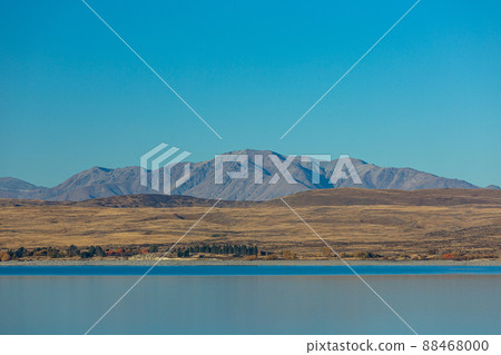 A view from the view point of Lake Pukaki, a milky blue lake in the Canterbury region of New Zealand A view from the view point of Lake Pukaki, a milky blue lake in the Canterbury region of New Zealand 88468000