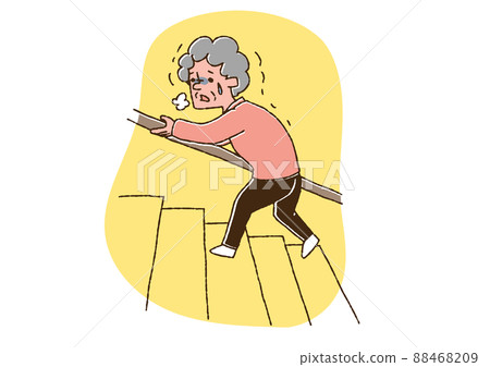 一個爬樓梯困難的老婦人，一個滑稽的手寫人，矢量圖，線條畫和顏色 88468209