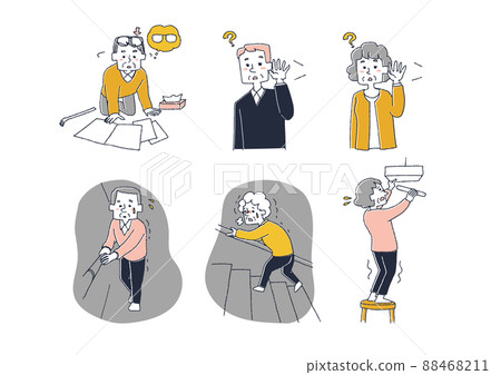 A set of various problems that occur in the elderly, a comical handwritten person, a vector, a line drawing and a color 88468211